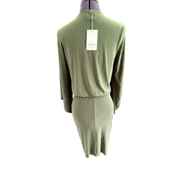 MISA Los Angeles Green Teget Mini Dress‎ Knot Front Bell Sleeves V Neck Draped S - Picture 3 of 9
